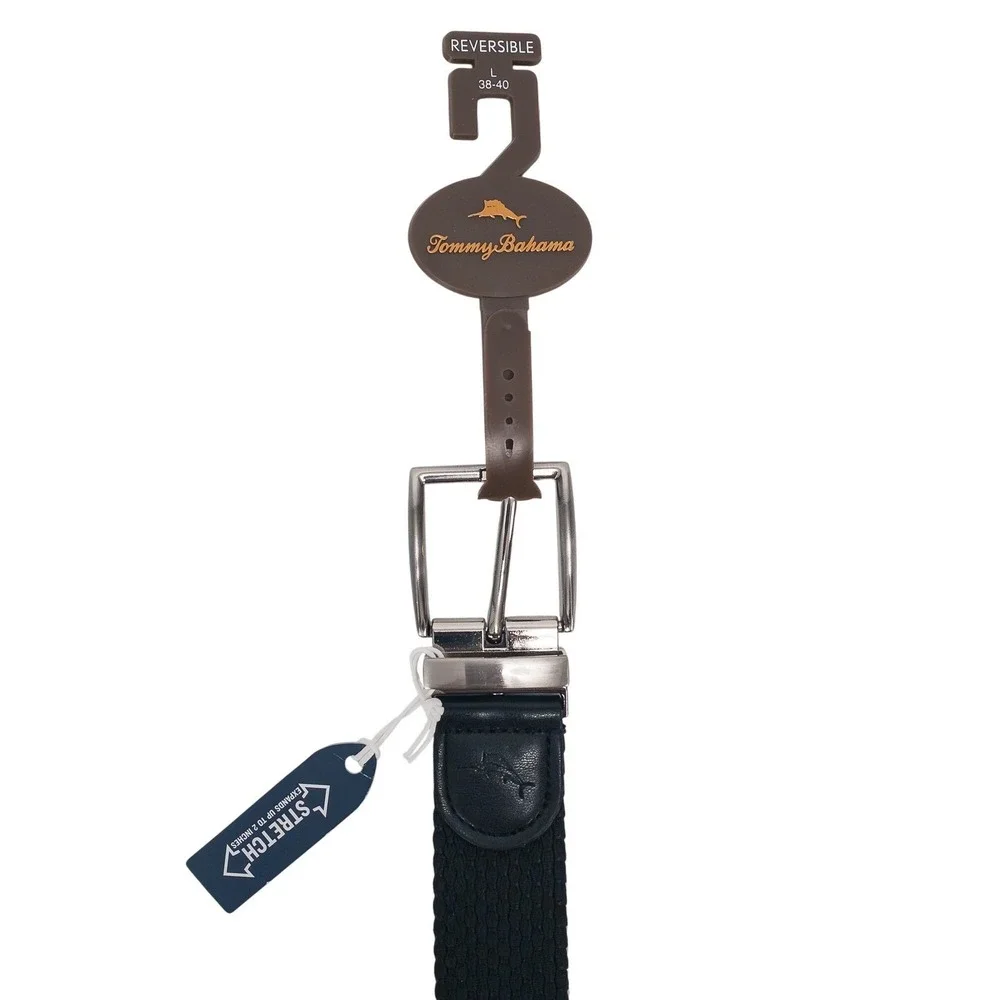 Tommy Bahama Belt Mens L 38-40 Black Khaki Reversible Stretch Woven Leather Trim